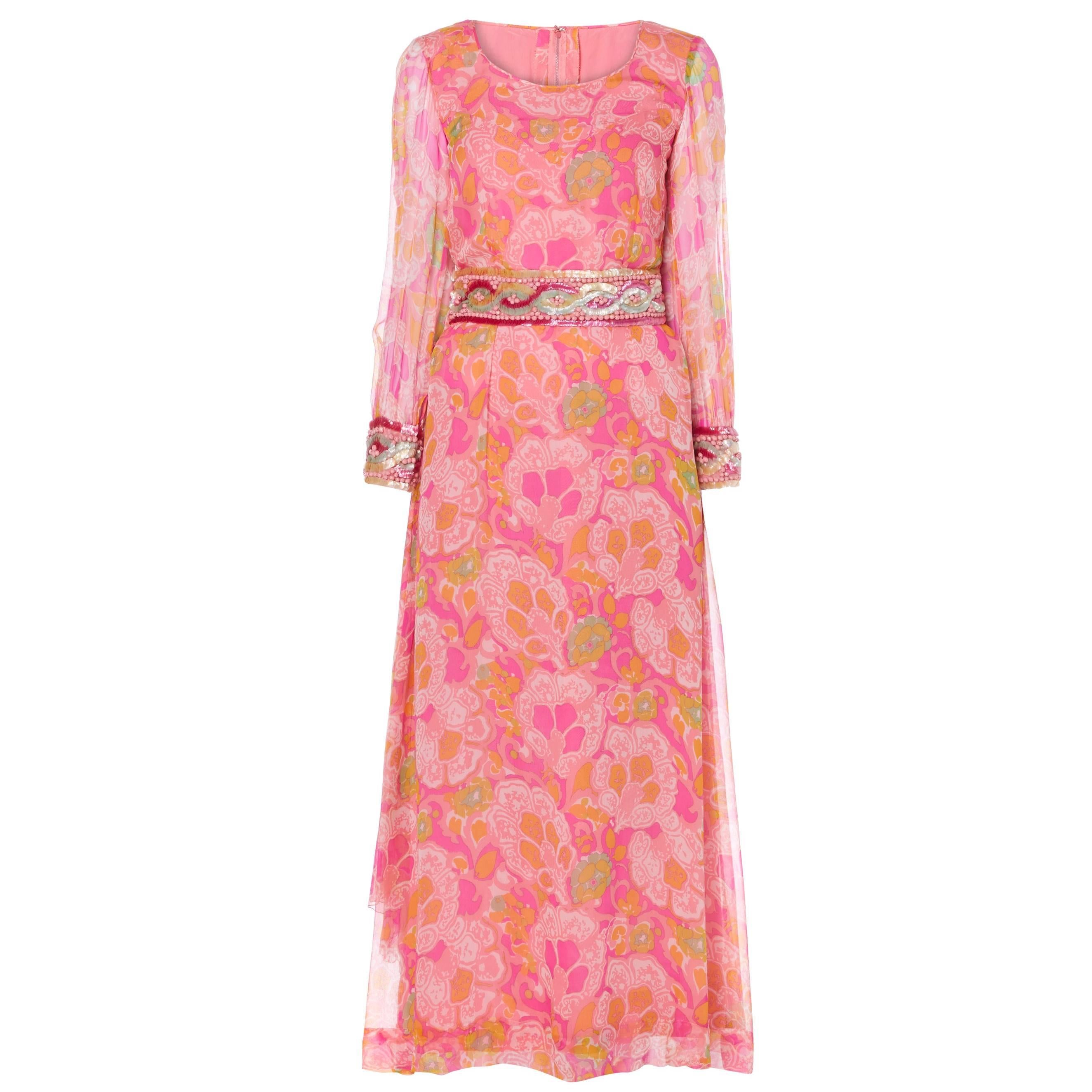 Hardy Amies Couture pink silk chiffon dress, circa 1969 For Sale