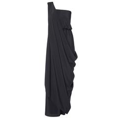 HALSTON Black Stretch Silk One Shoulder Dress Size 38 For Sale at 1stdibs