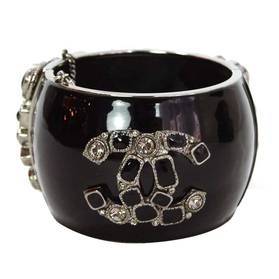 Chanel Black Enamel & Crystal CC Cuff Bracelet