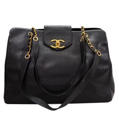 Vintage Chanel XL Supermodel Black Caviar Leather Shoulder Tote Bag