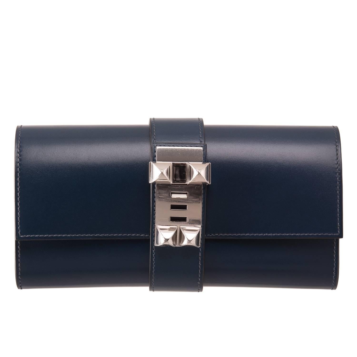 Hermes Blue Sapphire Box Medor Clutch 23cm NEW For Sale