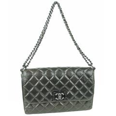 CHANEL Khaki Quilted Boy Bag With Double Chain 