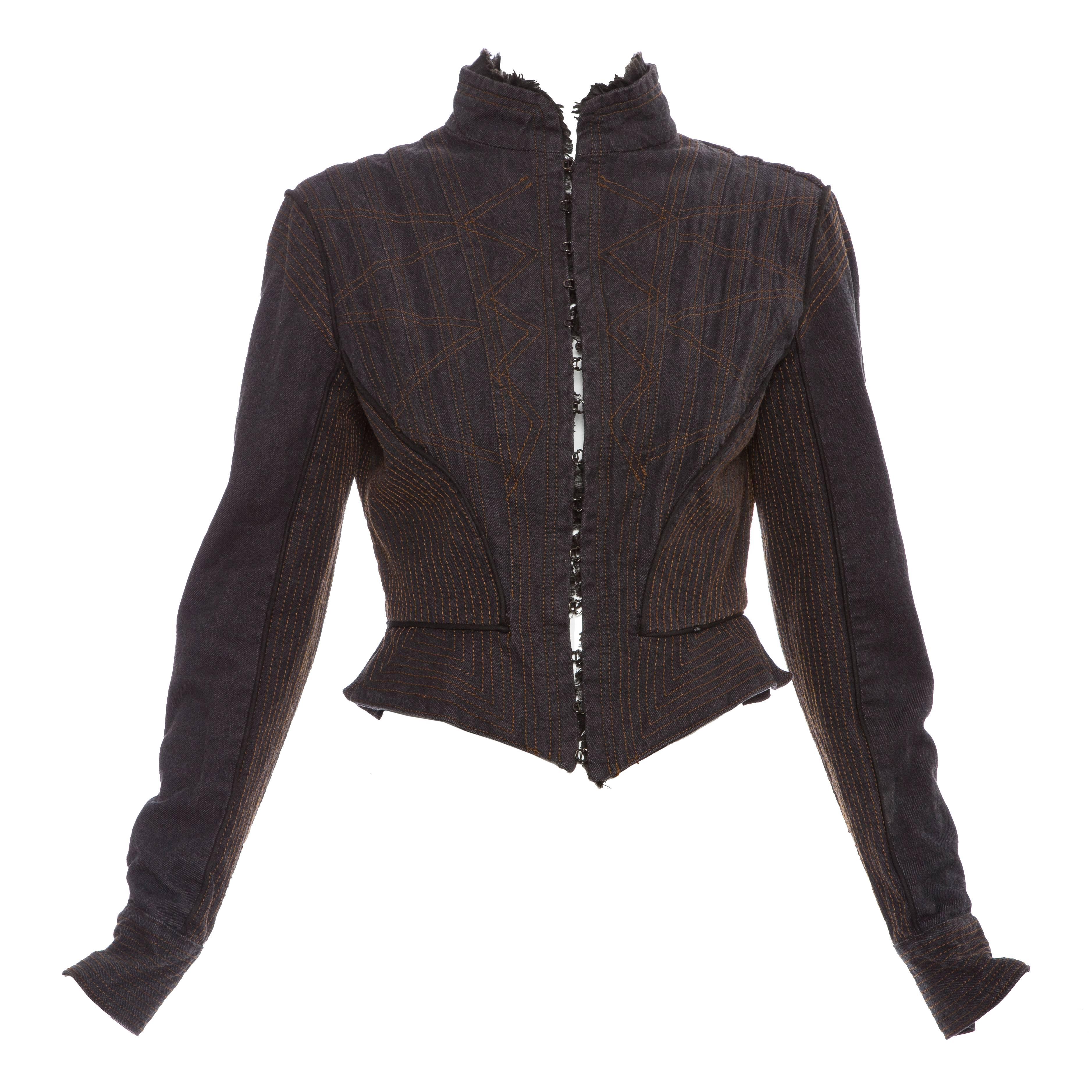 Alexander McQueen Blue Cotton Denim Jacket Brown Geometric Stitching, Circa 2007 For Sale