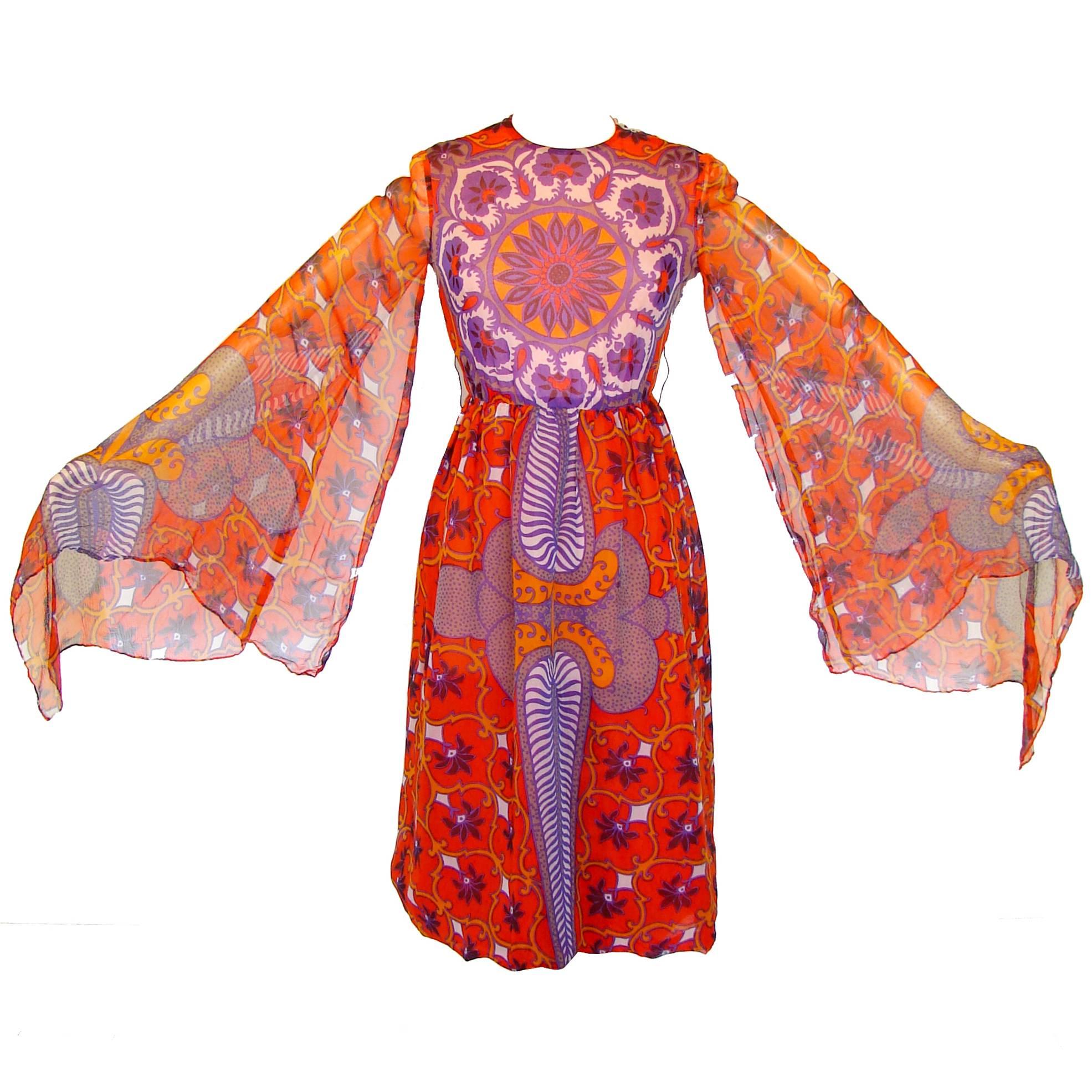 Bill Blass Ethereal Floral Chiffon Dress with Sweeping Angel Sleeves Sz 10 1970s