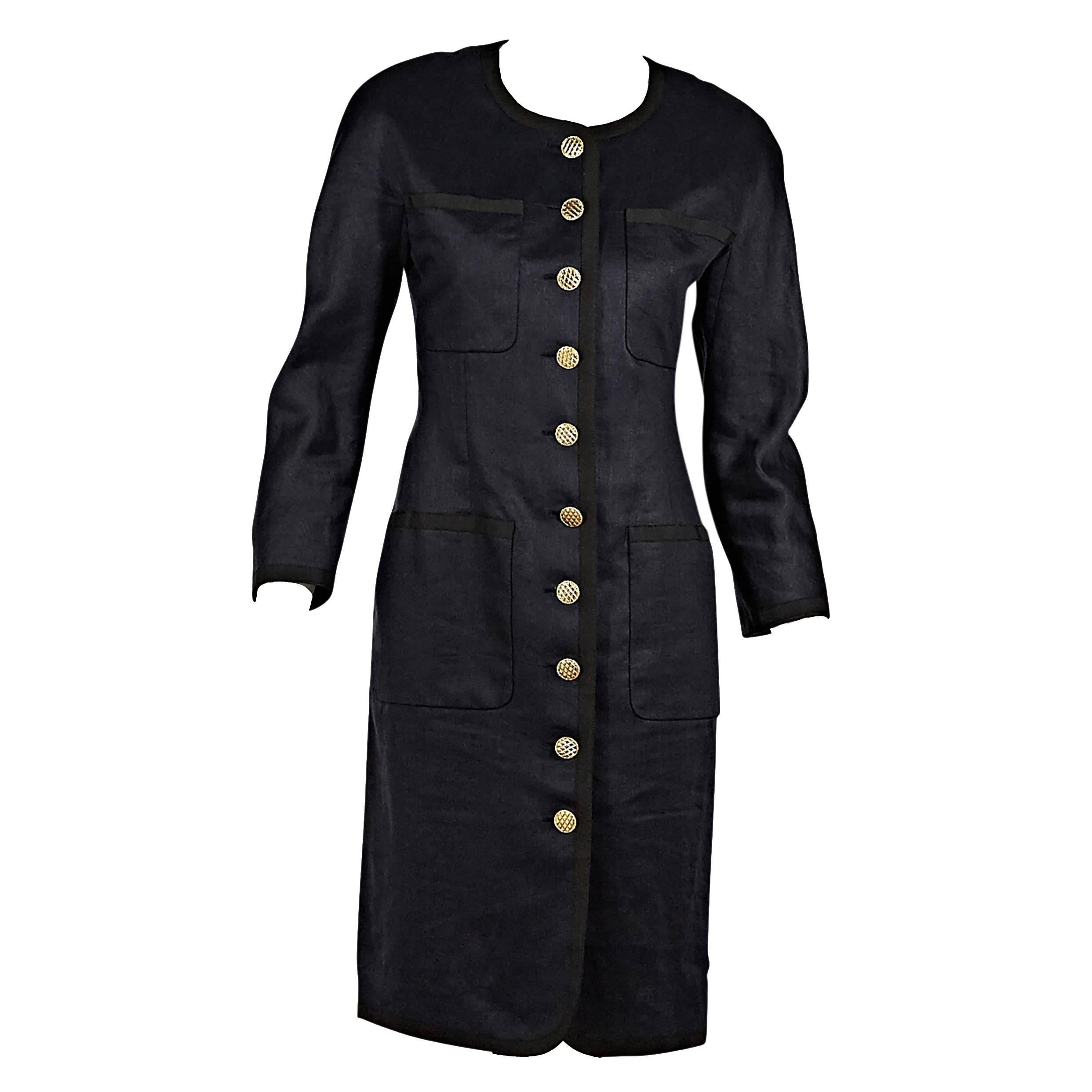 Black Chanel Linen Button-Front Dress