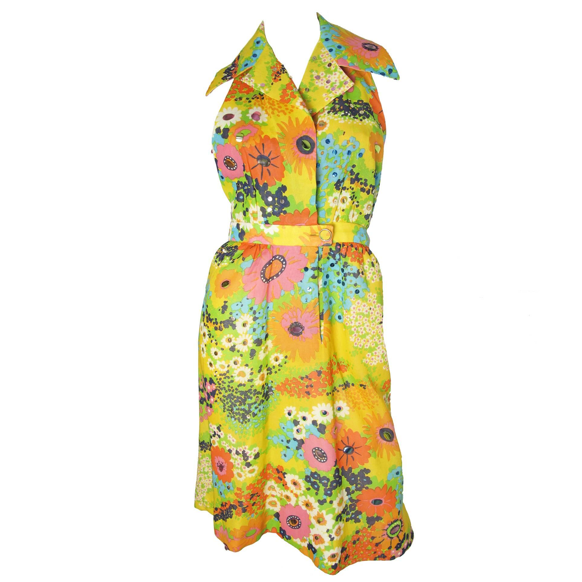 Pauline Trigere Floral Halter Dress, 1970s 