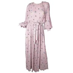 Hanae Mori Pleated Gown with Witch, Fruit & Airplane Print