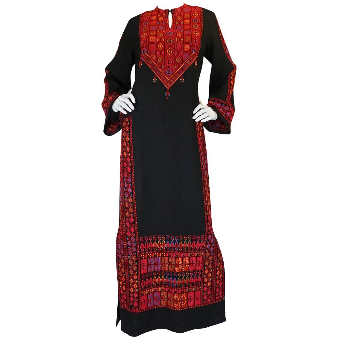 1960s Bright Rudy Thread Hand Embroidered Black Caftan