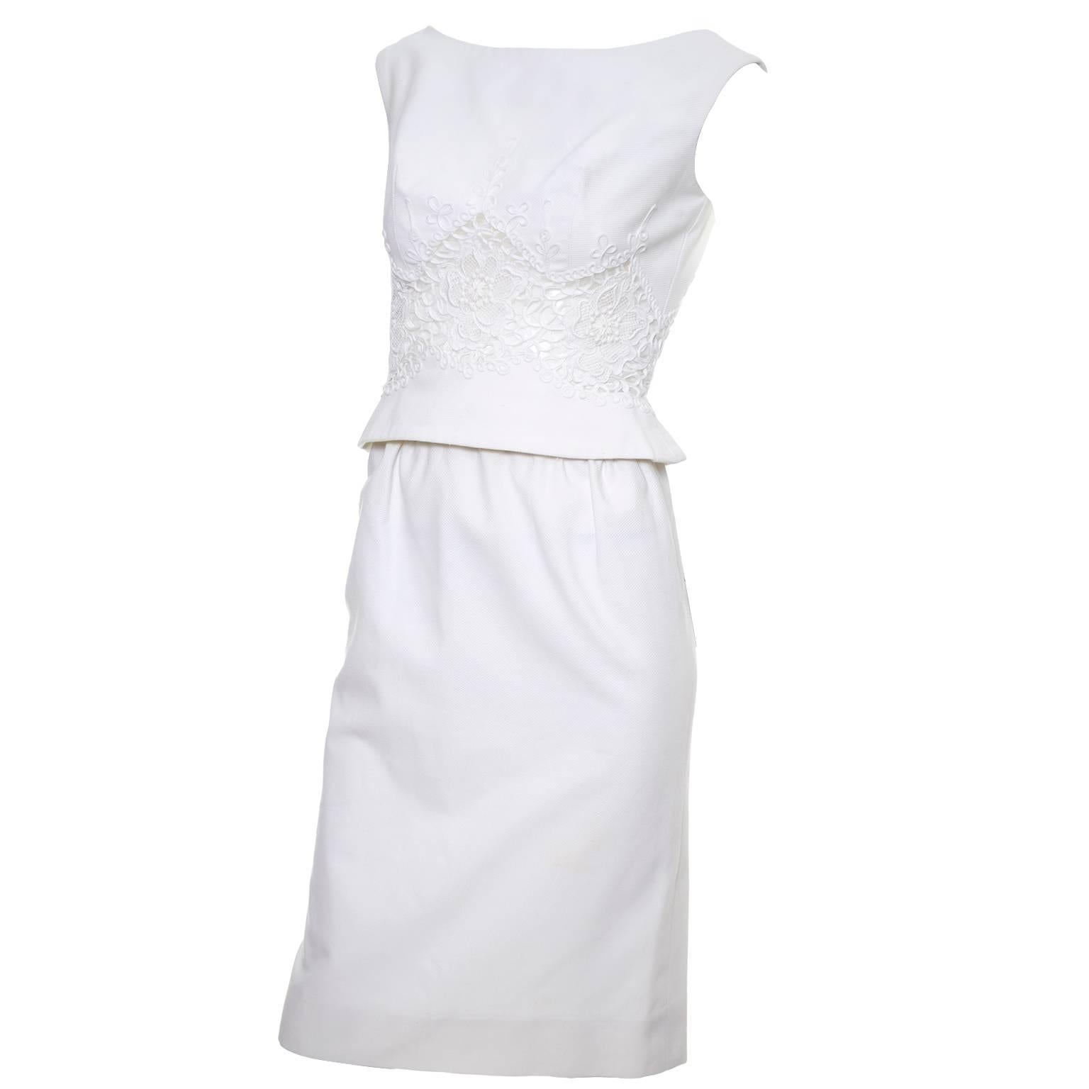 Carlye White Pique Vintage Dress 2pc Lace Mesh Peek a Boo Peplum Bodice XS For Sale