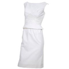 Carlye White Pique Vintage Dress 2pc Lace Mesh Peek a Boo Peplum Bodice XS