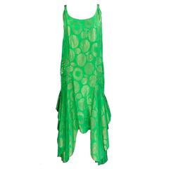 1920s Emerald Green Floral Lamé Party Dress with Cascading Ruffles