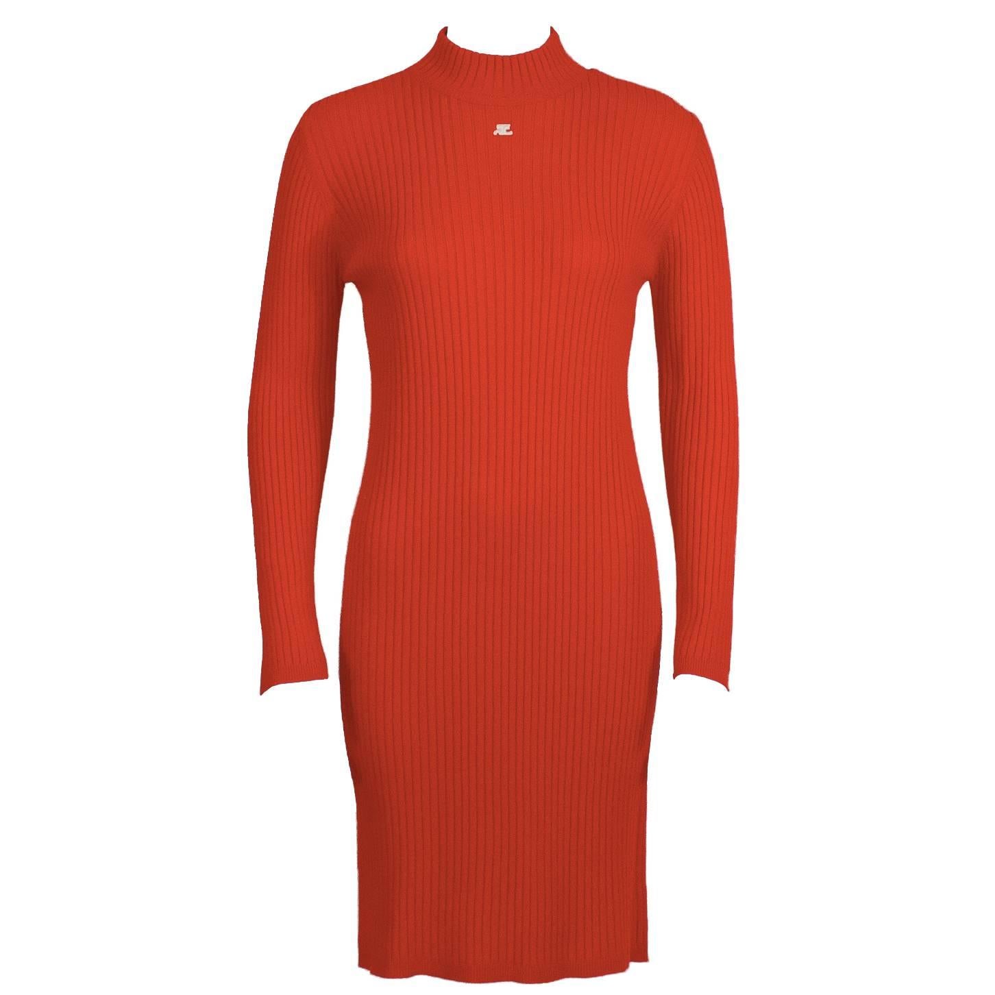 1980's 2nd Gen Courreges Neon Red Knit Sweater Dress For Sale