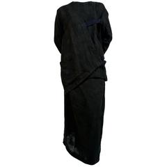 1980's ISSEY MIYAKE draped black linen jacket and skirt with unique straps