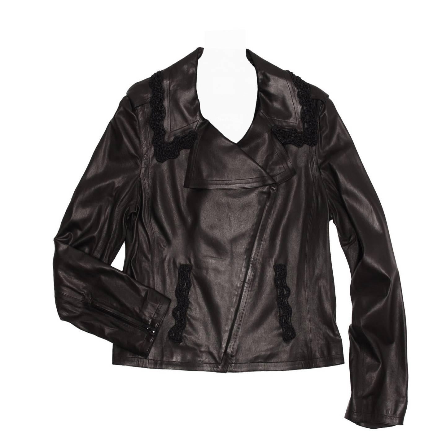 Chanel Black Leather & Lace Moto Style Jacket For Sale