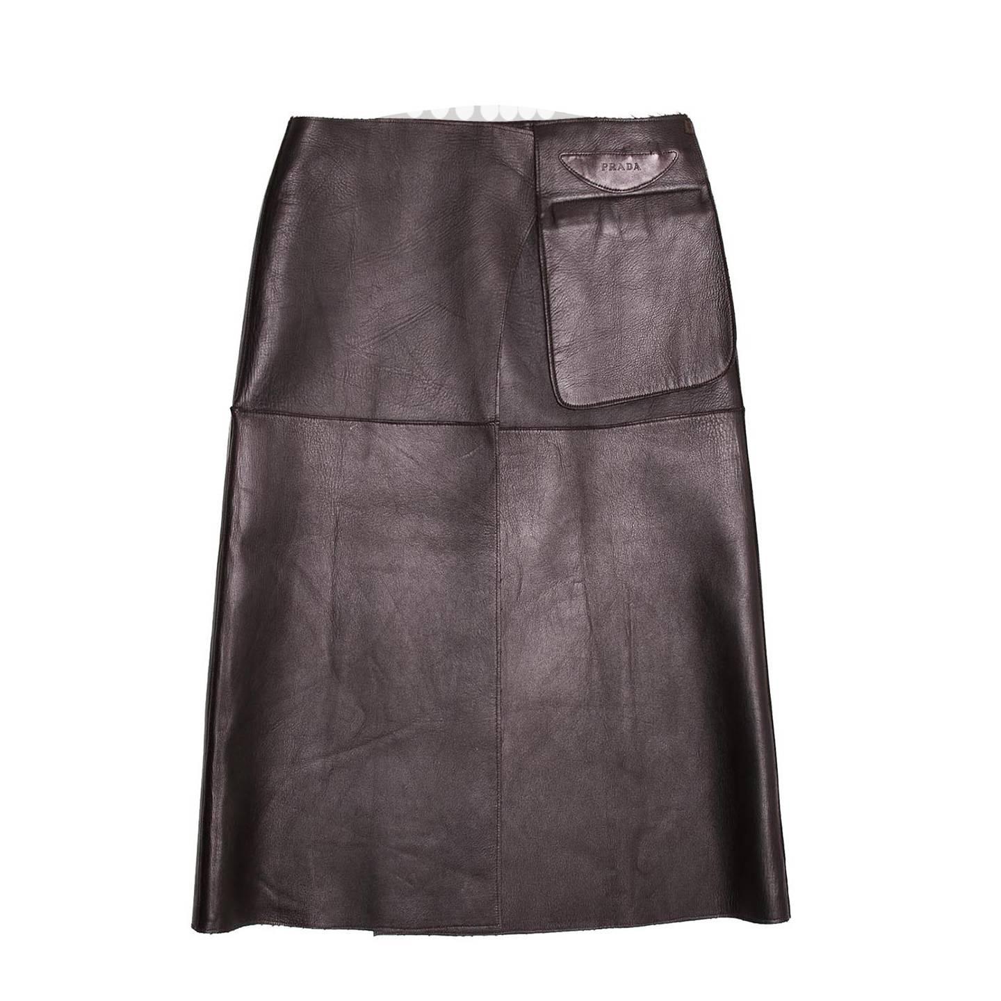 Prada Brown Reversible Leather & Camel Skirt For Sale