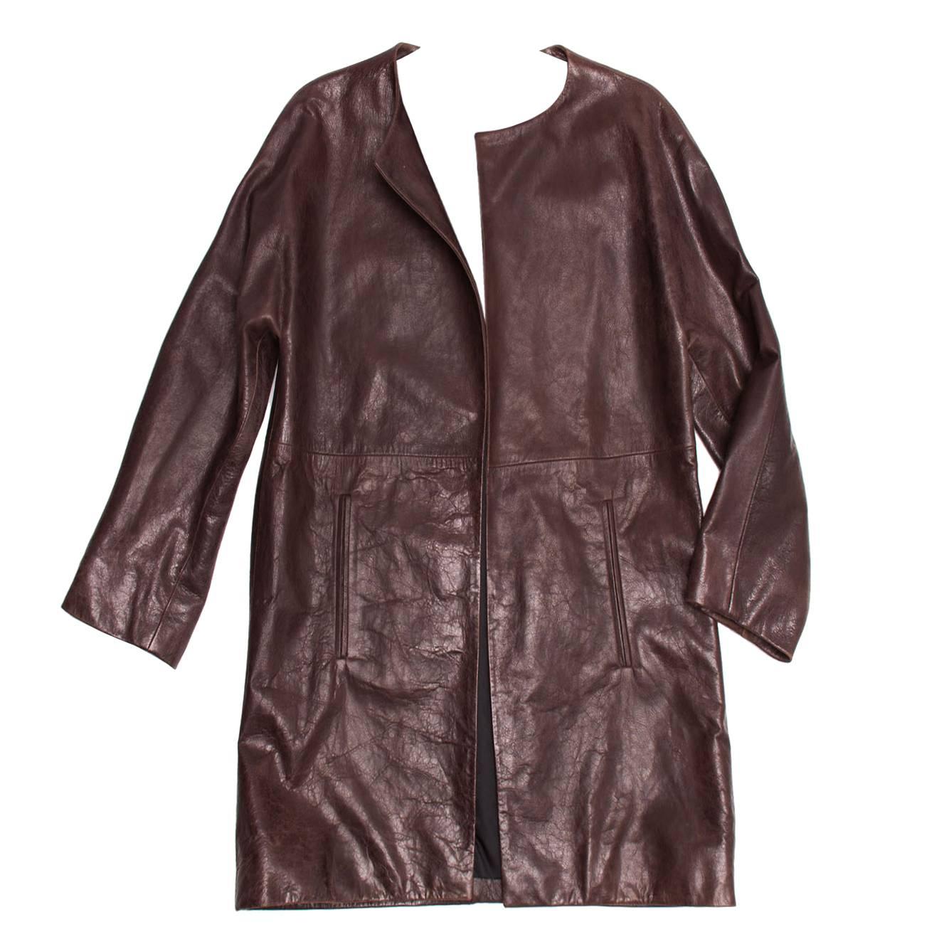 Balenciaga Brown Leather Collarless Coat For Sale