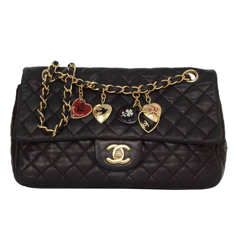 Chanel Black Quilted Lambskin Valentine Charm Flap Bag GHW For Sale at