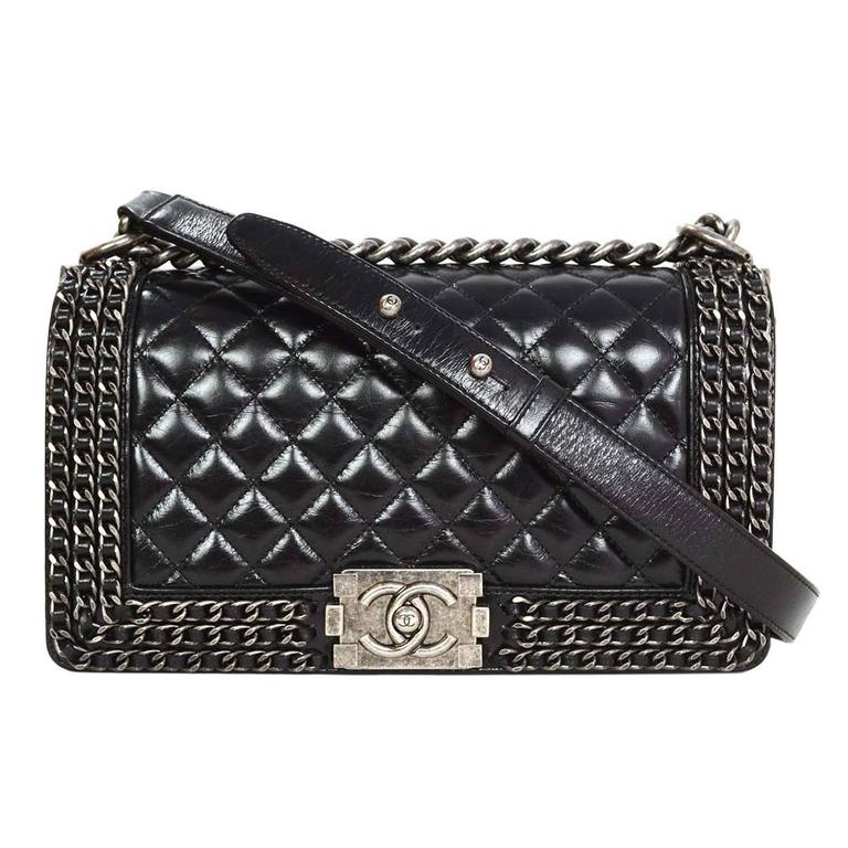 Chanel '15 Black Distressed Leather Chain Around Medium Boy Bag