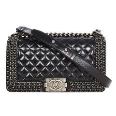 Chanel '15 Black Distressed Leather Chain Around Medium Boy Bag SHW