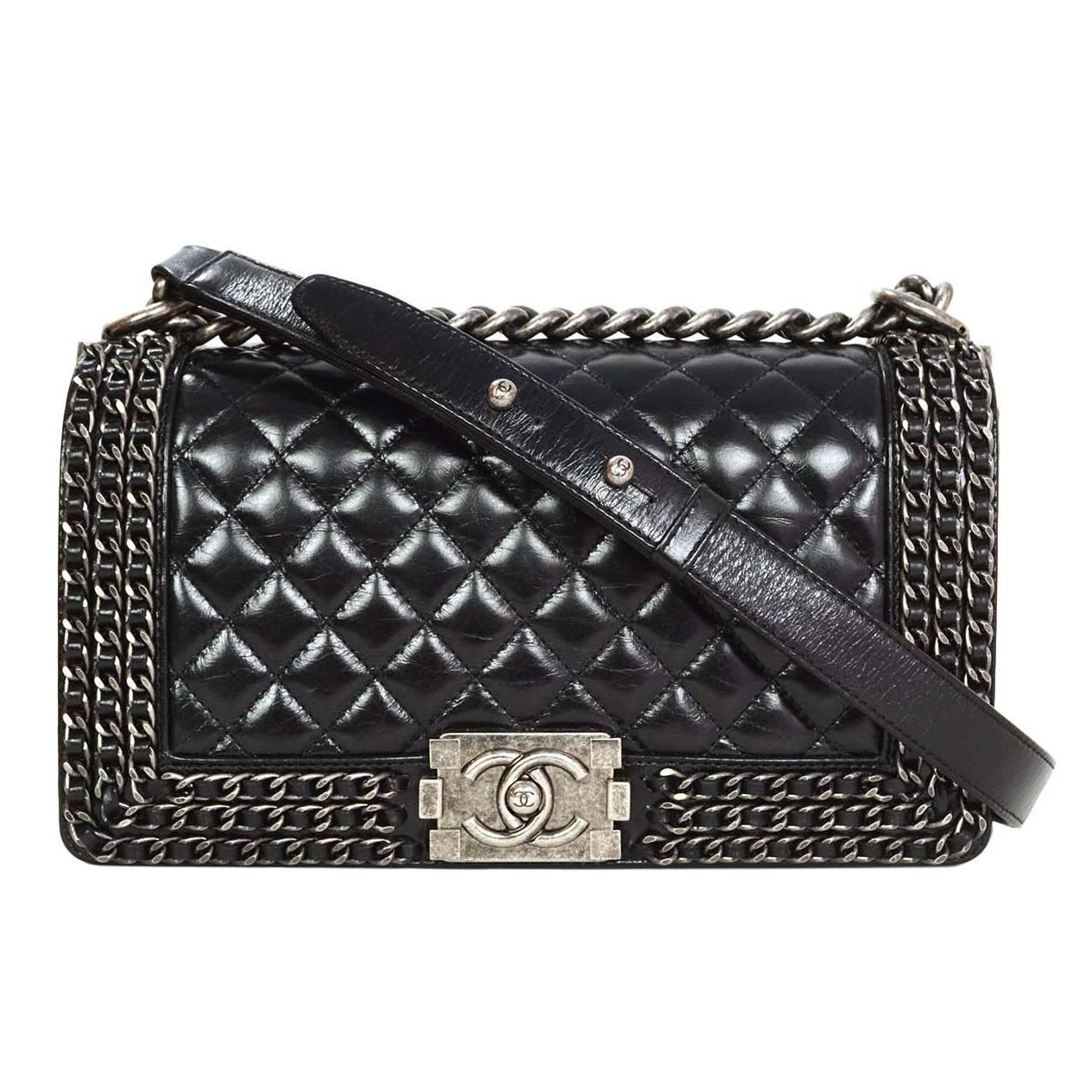 Chanel 15 Black Distressed Leather Chain Around Medium Boy Bag Shw Chanel 15 Black Distressed Leather Chain Around Medium Boy Bag Shw At 1stdibs