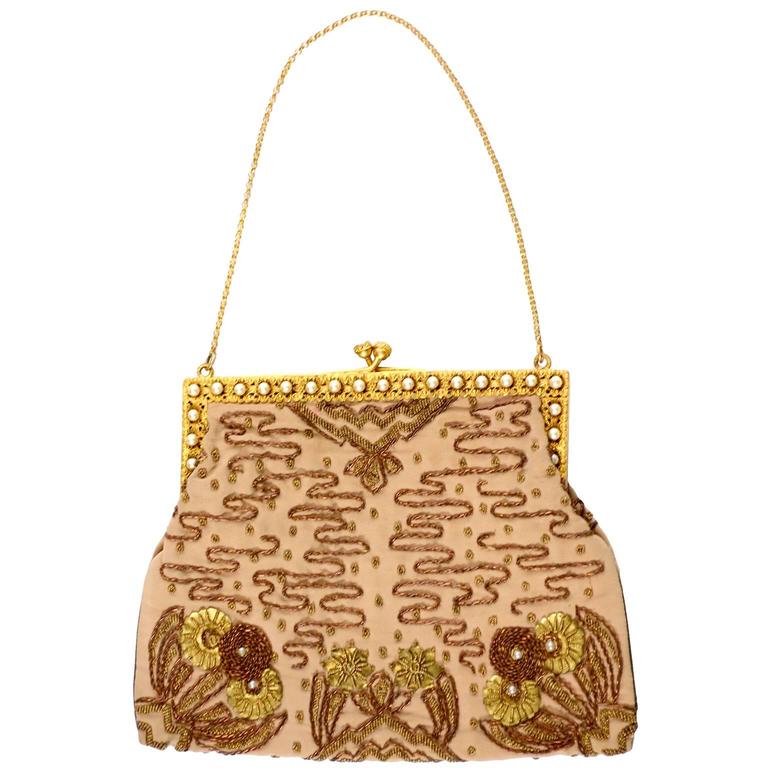French Vintage Evening Bag Handbag Metallic Embroidery Beaded Pearls French Vintage Evening Bag Handbag Metallic Embroidery Beaded Pearls Gold Silk For