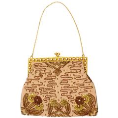 French Vintage Evening Bag Handbag Metallic Embroidery Beaded Pearls Gold Silk 3