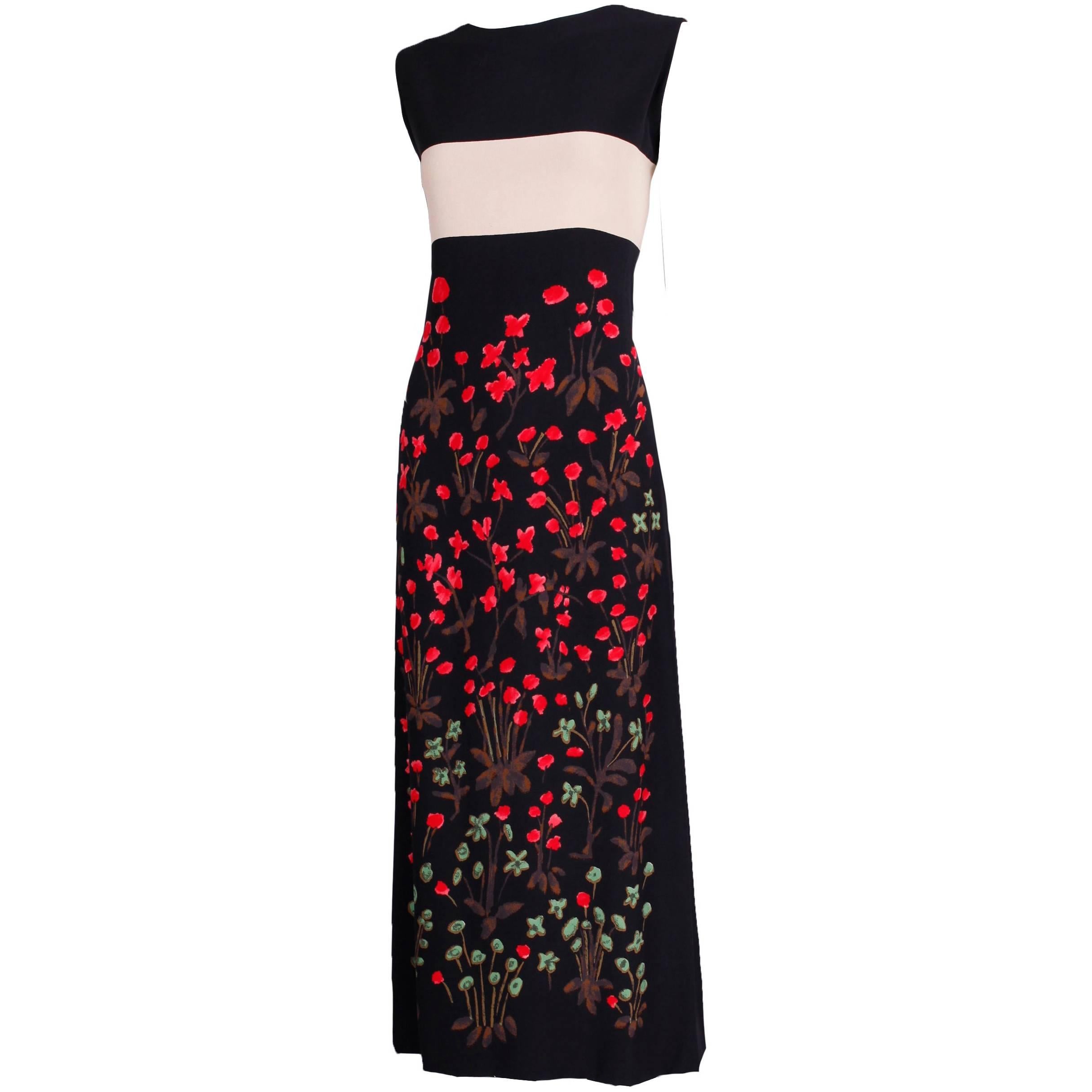Galanos Sleeveless Silk Hand-Painted Floral Cocktail Dress Evening Gown 