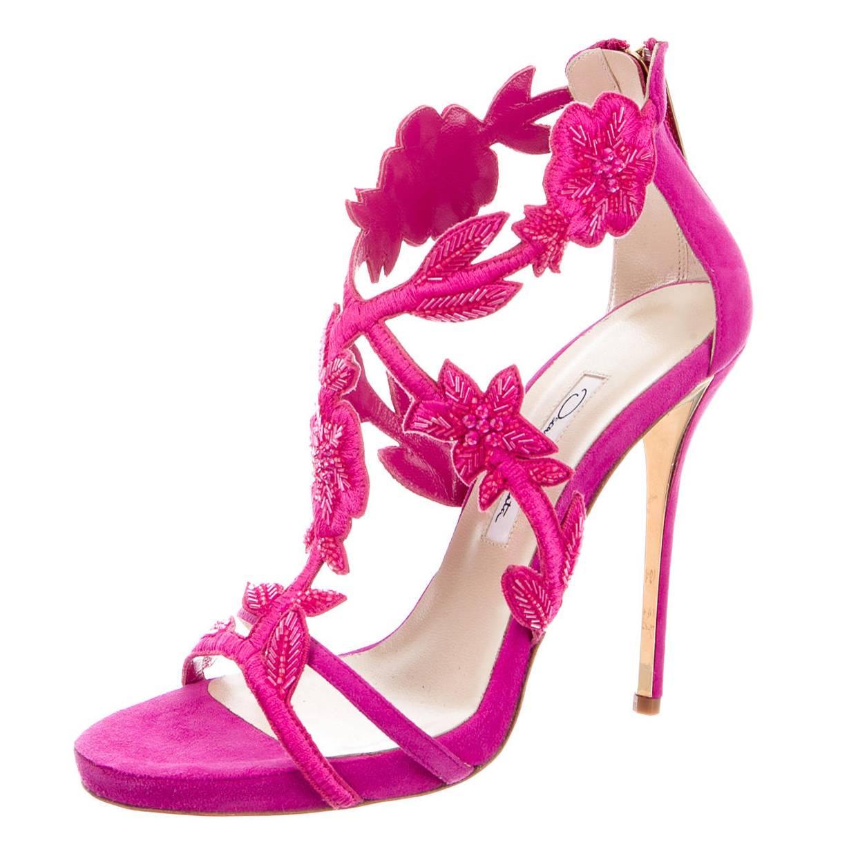 Oscar de la Rental NEW Pink Suede Bead Floral High Heels Sandals in Box