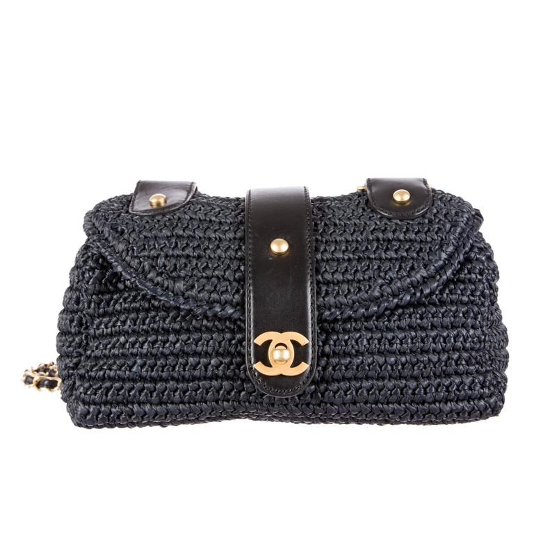 Chanel Navy Blue Straw Raffia and Leather Gold Hardware Flap Shoulder Bag