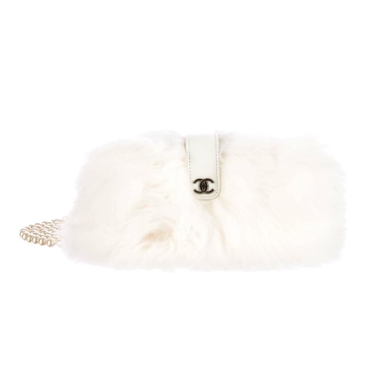 Chanel NEW White Rabbit Fur and Pearl Chain Evening Flap Shoulder Bag in Box