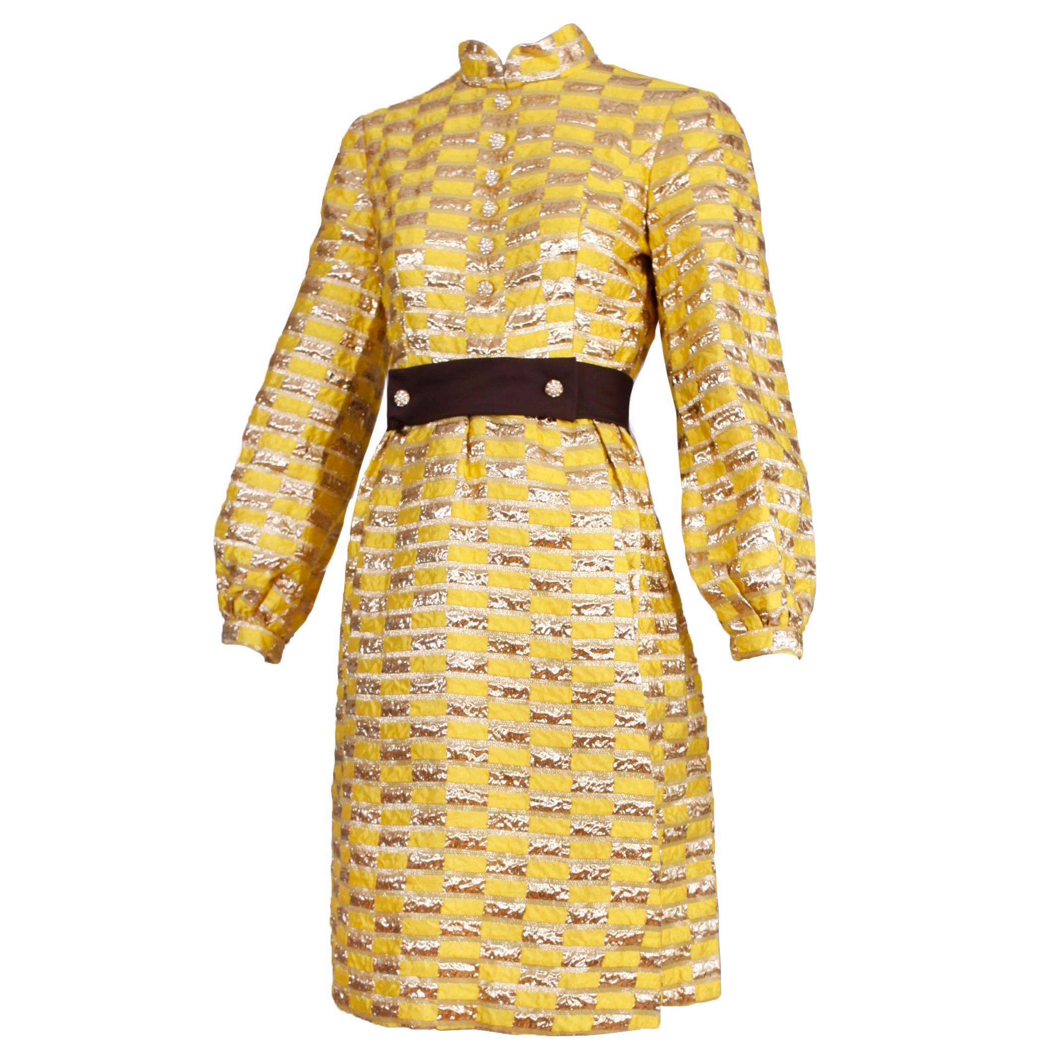 1970's Oscar de la Renta Yellow & Gold Lame Cocktail Dress