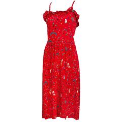 Emanuel Ungaro Red Silk Novelty Print Sun Dress Day Dress  w/Ruffle Trim