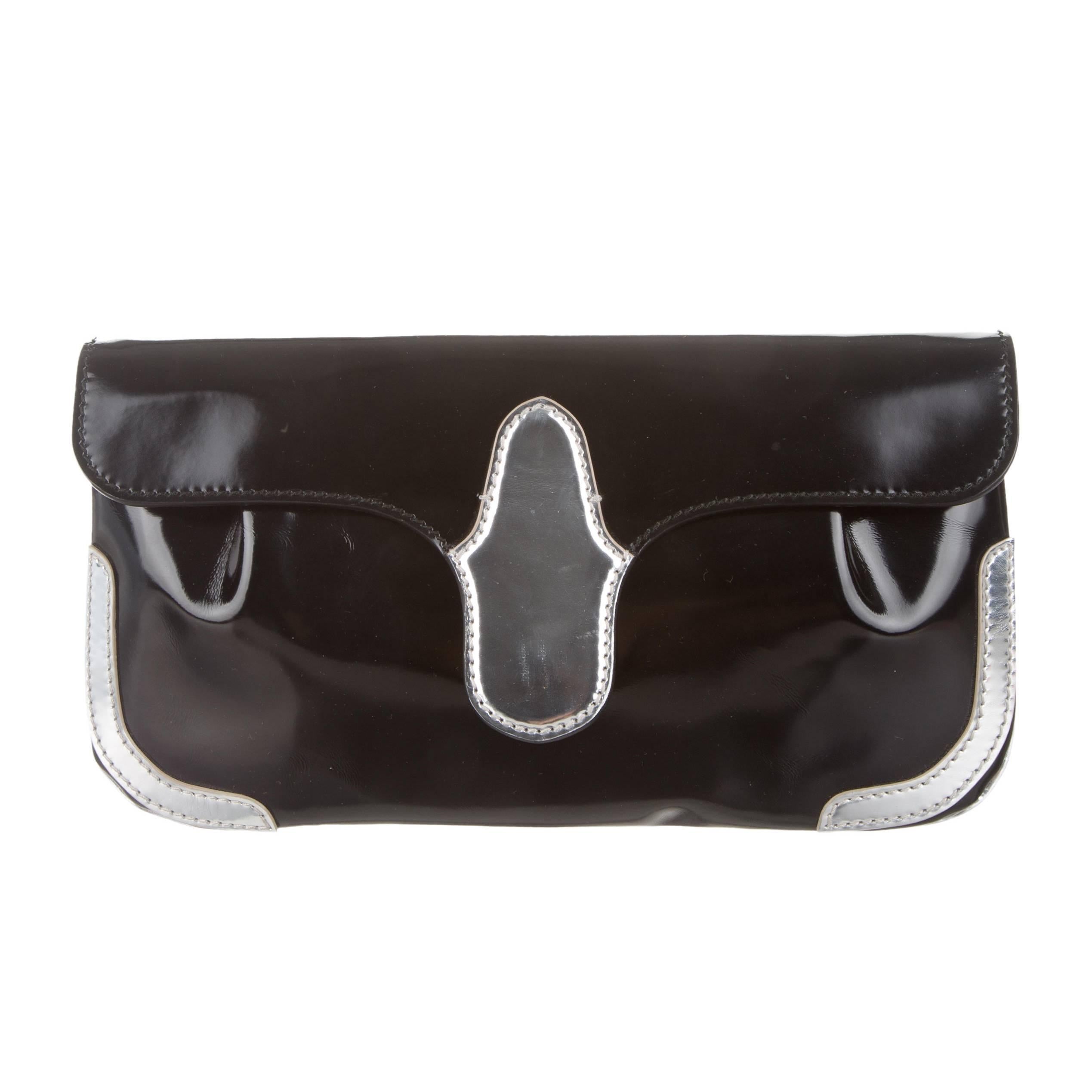 Balenciaga Black Patent Leather Silver Accent Envelope Flap Evening Clutch Bag