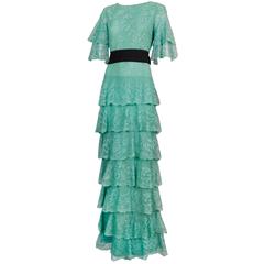 Vintage Pierre Cardin Haute Couture Seafoam Green Tiered Lace Evening Gown Dress