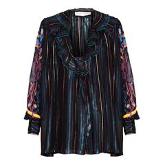 1970s Zandra Rhodes Multicolour Striped and Handpainted Blouse 2
