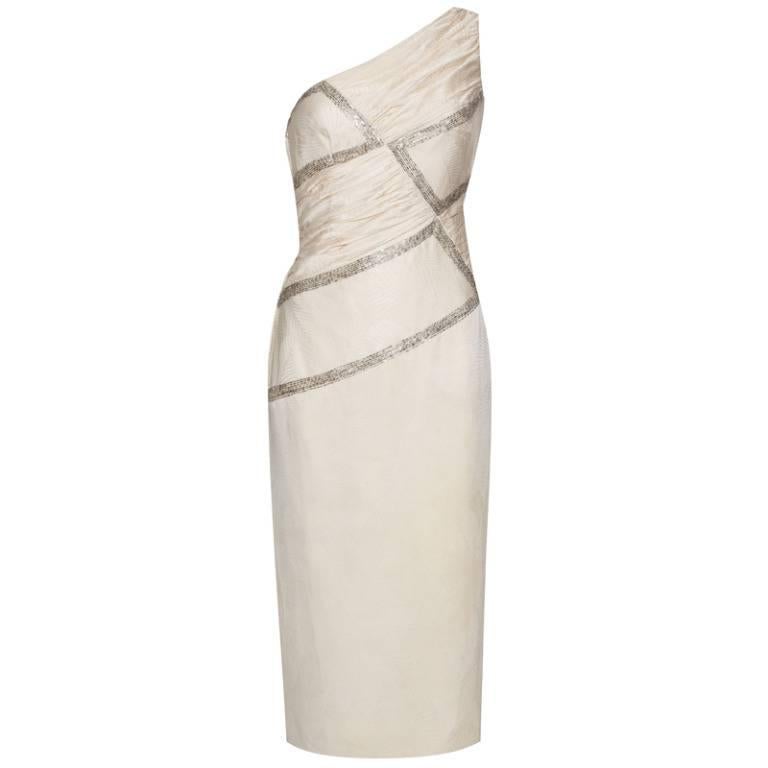 Late 1950s White Minx Modes Asymmetric Silk Beaded Dress