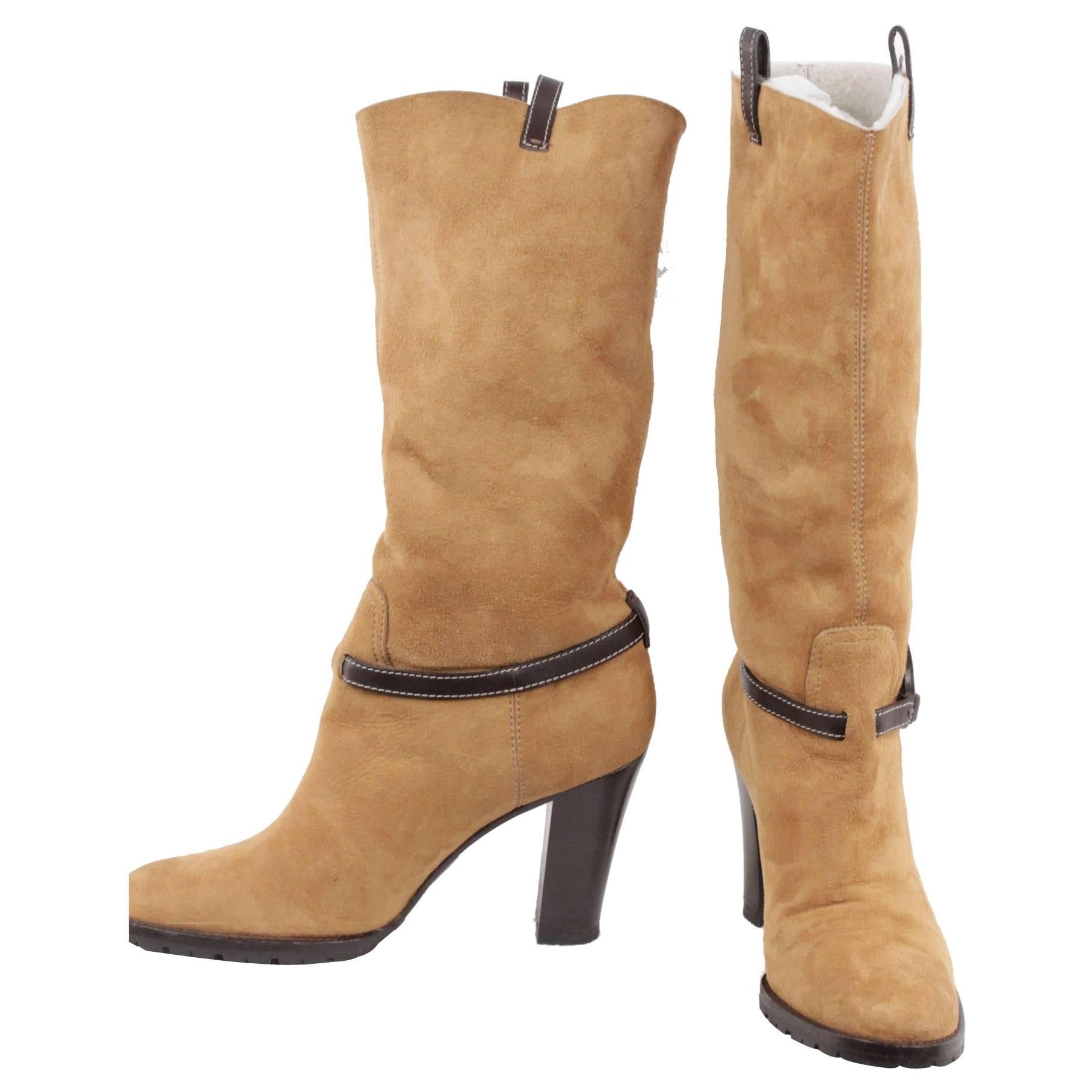 GUCCI Beige Suede HEELED BOOTS Shearling Lining GG LOGO Size 38 1/2