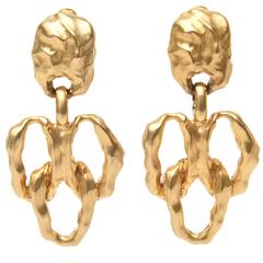 Gold Plated Textural Pair of Sculptural Clip On Dangle Earrings 6