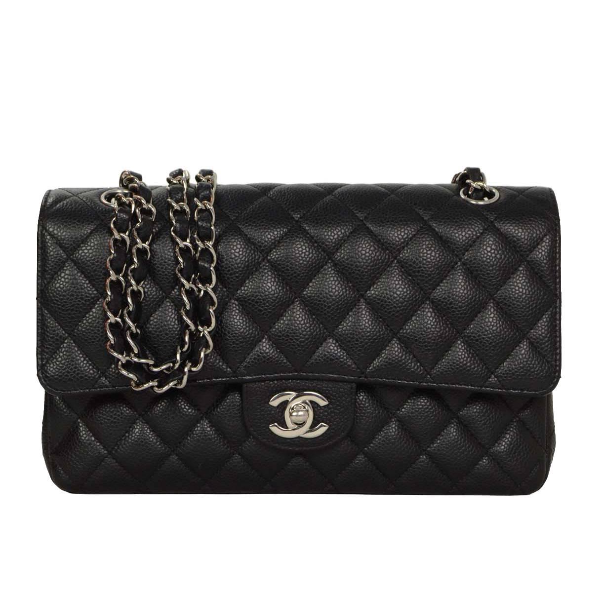 Chanel Black Quilted Caviar Double Flap 10" Medium Classic Bag 