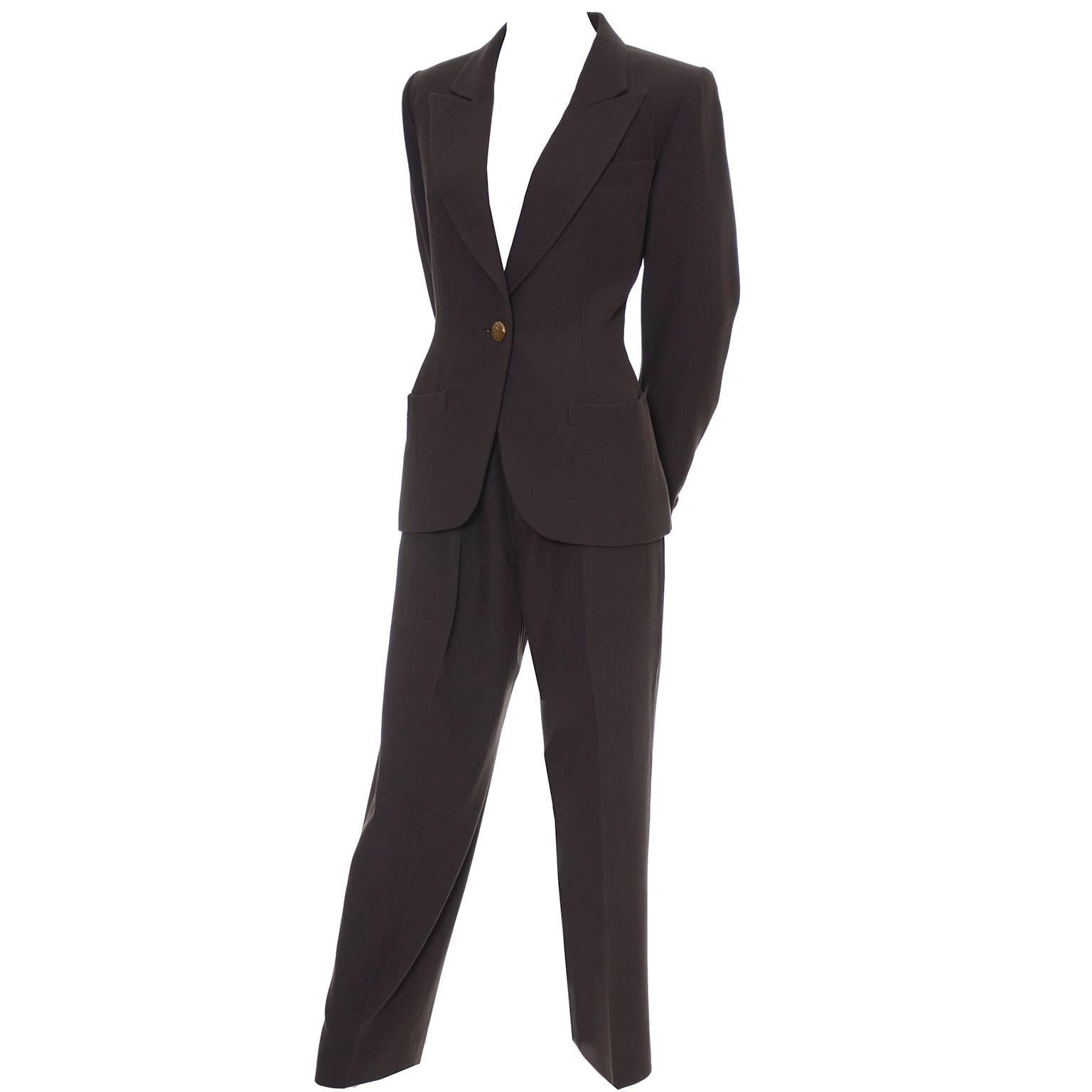 YSL Vintage Finely Ribbed Wool Pantsuit French Size 40 US 8 Yves Saint Laurent