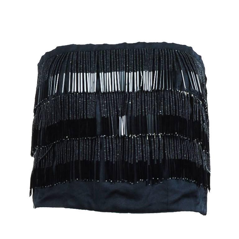 Vintage Balestra Black Beaded Fringe Cropped Strapless Silk Top SZ 46 For Sale