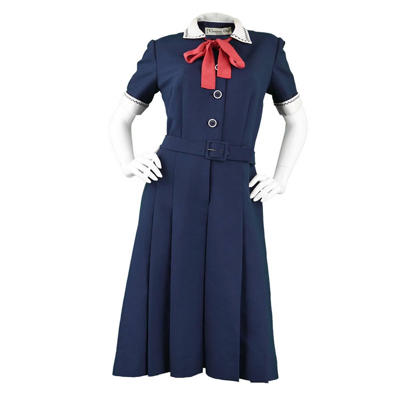 1960s Christian Dior Numbered Demi Couture Nautical Pussybow Dress For Sale