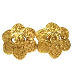 Chanel Vintage Gold CC Flower Charm Earrings in Box