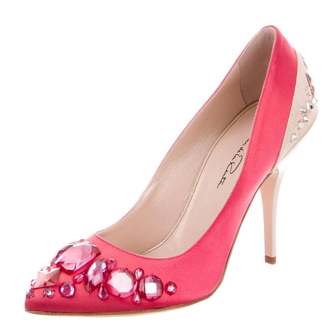 Oscar de la Renta NEW Pink Satin Suede Crystal Embellished Pumps Shoes in Box