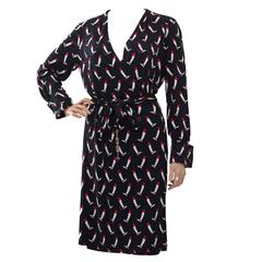 Vintage Gucci Silk Wrap Dress with Equestrian Boot Print Navy Sz M 1970s