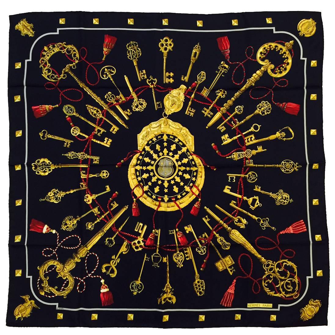 Hermes Black Les Clefs Silk Scarf by Iconic Artist Cathy Latham Above Excellent 