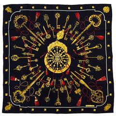 Hermes Black Les Clefs Silk Scarf by Iconic Artist Cathy Latham Above Excellent 