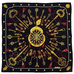 Hermes Black Les Clefs Silk Scarf by Iconic Artist Cathy Latham Above Excellent