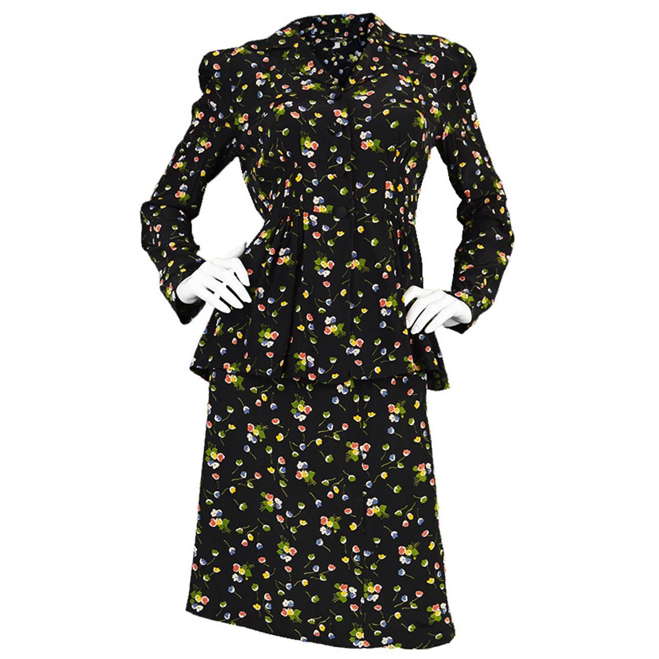 1970s Jeff Banks Floral Rayon Peplum Skirt Suit