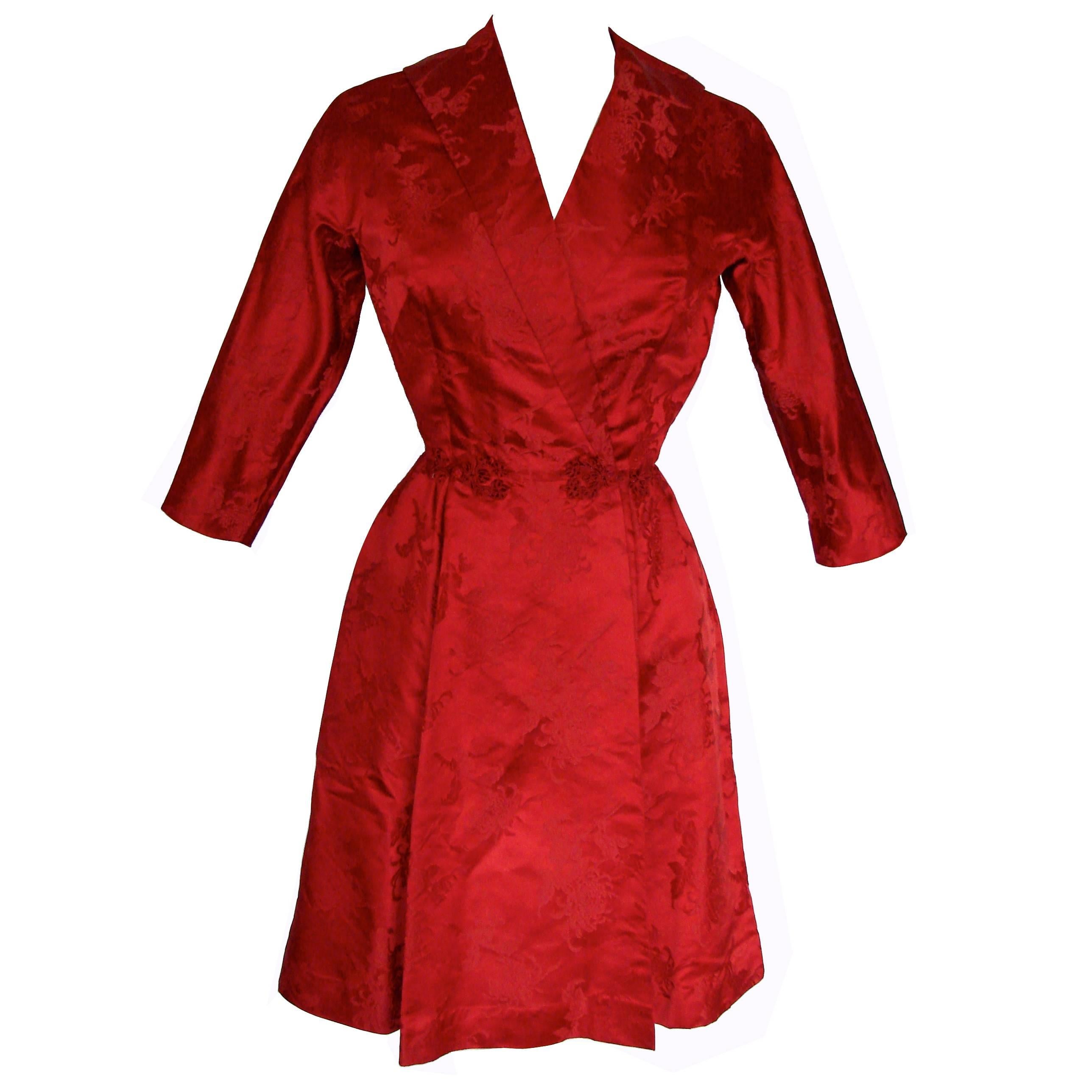 Dynasty for Lord & Taylor Vivid Red Silk Dress with Flared Skirt 1960s Size M